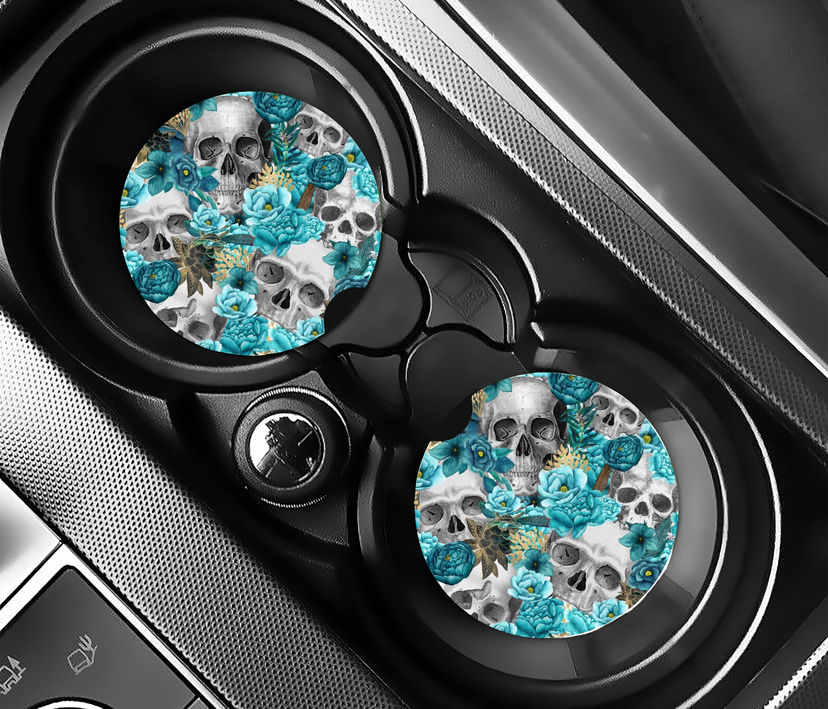 Blue Rose Skull - Car Coasters
